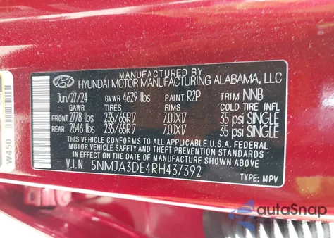 2024 Hyundai Tucson Se from USA, damaged, VIN 5NMJA3DE4RH437392